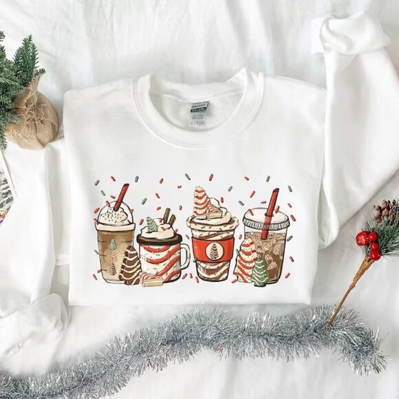 Christmas Tree Cake Coffee Christmas Coffee Lover Sweatshirt Women Sweatshirt 90 - Picture 1 of 5